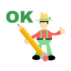 happy farmer ok pencil green mark cartoon doodle vector illustration flat design style