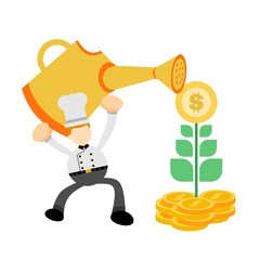 Chef man and gold coin money dollar garden cartoon doodle flat design style vector illustration