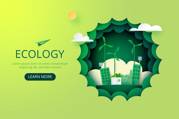 Wall Mural - Paper art of Sustainability in green eco city, alternative energy and ecology conservation concept.Vector illustration.