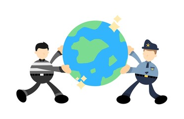 police and thief fight for world cartoon doodle flat design style vector illustration