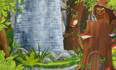  cartoon scene with owl sitting in the tree by day near the castle - illustration