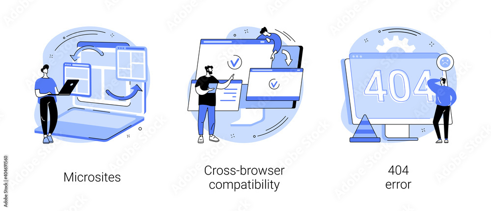 Web development abstract concept vector illustration set. Microsite interface, cross-browser compatibility, 404 error, programming, company page, page not found, website user abstract metaphor. - obrazy, fototapety, plakaty 