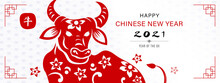Red Ox With Happy Chinese New Year 2021 Text On Oriental Wave Banner Background, Chinese Text Means Ox