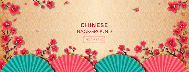 Wall Mural - Oriental style banner background with beautiful Cherry blossom flowers and fans at border