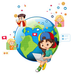 Children with social media elements on earth globe