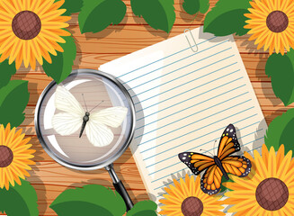 Sticker - Top view of blank paper on table with leaves and sunflower elements