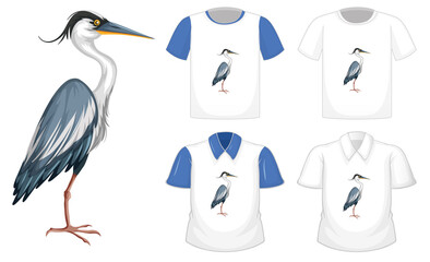 Sticker - Set of different shirts with great blue heron cartoon character isolated on white background