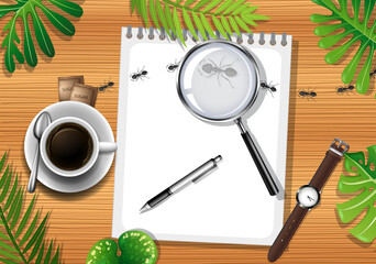 Sticker - Top view of wooden table with office objects and leaves element