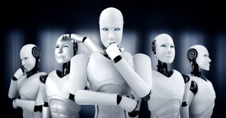 Poster - 3d illustration of robot humanoid group in concept of future artificial intelligence and 4th fourth 
