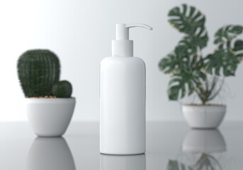 White hand press pump bottle with Cactus and Monstera plant in pots on reflection table. Cosmetic produce and medical beauty concept. Blank copy space for logo and text. 3D illustration rendering