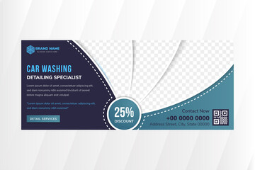 Poster - Car washing detailing specialist of  flyer design template use horizontal Banner. blue and purple gradient background with white element. curve style for space of photo collage.