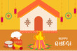 illustration of happy bhogi holiday harvest festival of andhra pradesh telangana greeting abstract background with cartoon beautiful colorful house pongal pots fire fruits manja  vector. 