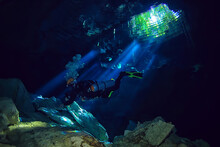Diving In The Cenotes, Mexico, Dangerous Caves Diving On The Yucatan, Dark Cavern Landscape Underwater