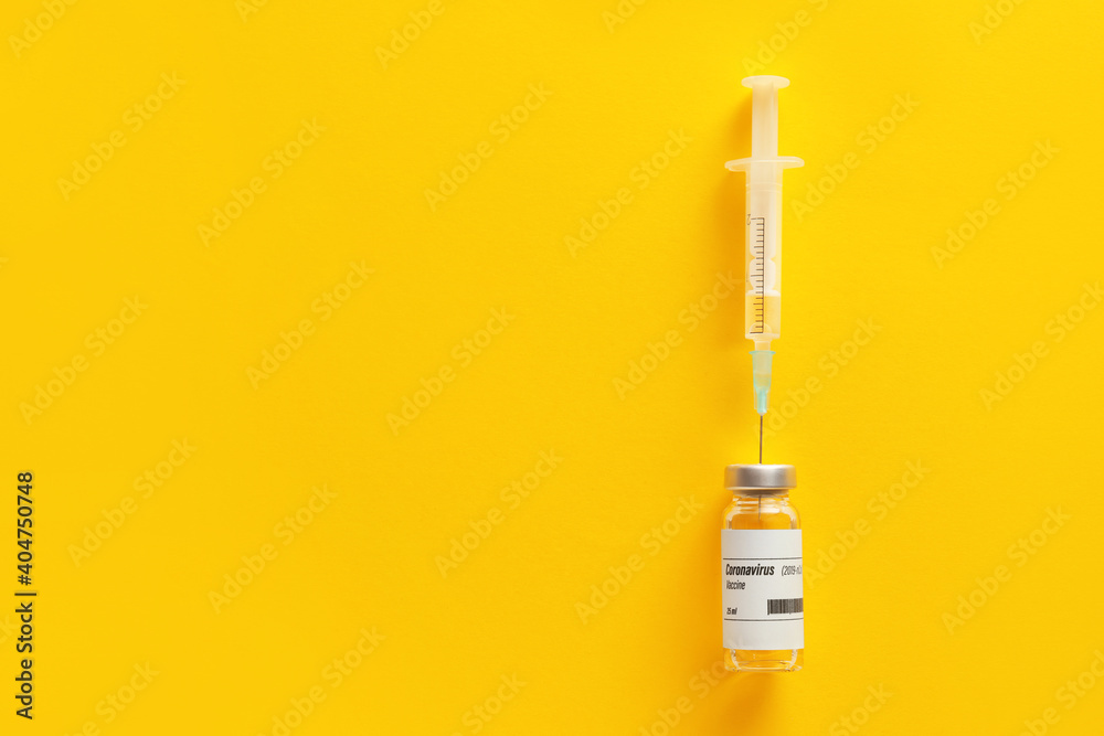 Vaccine for immunization against COVID-19 and syringe on color background - obrazy, fototapety, plakaty 