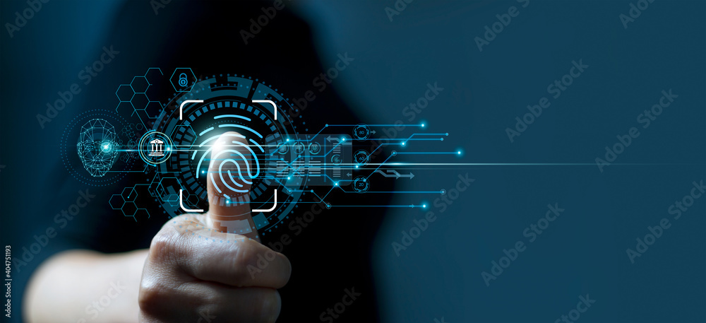 Businessman using fingerprint indentification to access personal ...