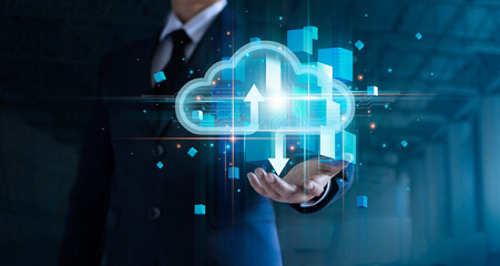 Fototapete - Businessman hand holding cloud computing online connecting to big data analytics. Block chain network technology and intelligence data storage develop smart decision in global business solution.