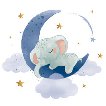 Cute Little Elephant Sleeping On The Moon, Vector Illustration, Kids Fashion Artworks, Baby Graphics For Wallpapers And Prints.
