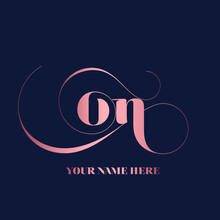 ON Monogram Logo.Abstract Typographic Wedding, Beauty Icon.Decorative Luxury Letter O And Letter N.Lettering Sign Isolated On Dark Background.Alphabet Initials.Pink Lowercase Characters.Swirl Line.