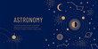 Golden space objects, the sun, planets in orbit and stars on a blue background. Concept for web banner or invitation.