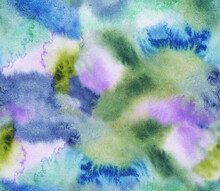 Watercolor Background With Blue, Turquoise, Pink And Purple Spots. Watercolor Stains And Smudges. Seamless Pattern