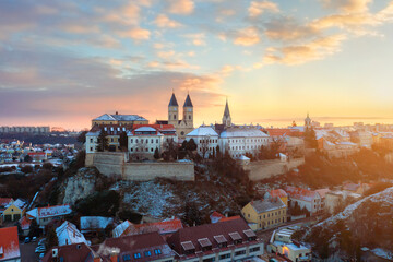 Wall Mural - Veszprem city castle aera aerial photo in winter with snow. Amazing city part with historical old houses, church and much more. The most beautiful part of this city.