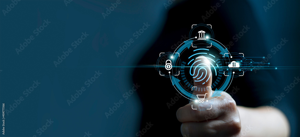 .Technology safety of future and cybernetic on internet, Fingerprint scan provides access of security and identification of business, Big Data, Banking and Cloud computing. - obrazy, fototapety, plakaty 
