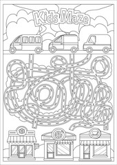 Wall Mural - Children maze and coloring. Road from cars to shops. Kids labyrinth game. Activity page. Find the right path. Funny riddle. Education art worksheet. Vector illustration