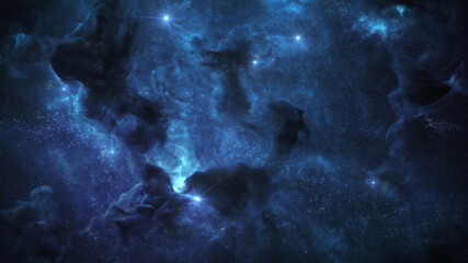 Blue Galaxy Background, with Stars and Nebula Clouds. Outer Space Astronomy image showing a dramatic view of the Cosmos. 3D render