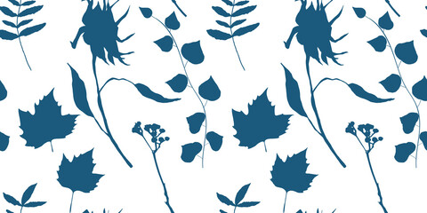 Poster - Botanical vector seamless pattern. Hand drawn illustrations of plants, wildflowers, leaves and herbs on white background.