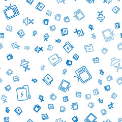 Poster - Set line Power bank with charge cable, Retro tv and Speaker mute on seamless pattern. Vector.
