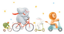 Beautiful Stock Illustration With Watercolor Hand Drawn Cute Animals On Transport. Lion Rabbit Turtle And Elephant.