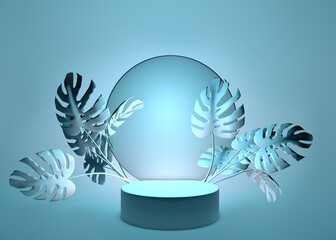 Poster - Minimal 3D scene with podium, tropical palms, monster leaves isolated on background. Pastel blue colors scene. Trendy 3d render for social media banners, promotion, cosmetic product show.