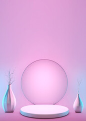 Poster - 3D abstract geometric shape pastel pink color scene minimal with decoration vases and pedestal, design for cosmetic or product display podium