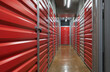 Storage corridor warehouse. Self storage facility, red metal doors with locks. Moving, organizing, storage concept. 