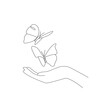 Female Hand with Butterflies Continuous One Line Drawing. Butterfly on Hand Line Art Style Illustration. Black White Modern Artwork. Minimalist Abstract Design. Vector EPS 10.