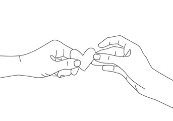 Wall Mural - Hands with Heart Continuous Line Drawing. Hands Couple Trendy Minimalist Illustration. Love Together Line Abstract Concept. Hands Couple Minimalist Contour Drawing. Vector EPS 10.