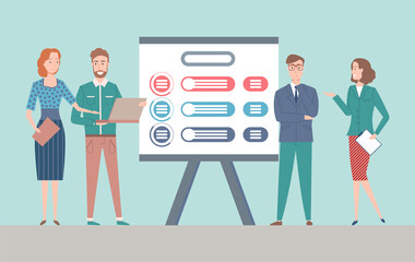 Poster - business project presentation vector, man and woman with reports and documents showing info charts a