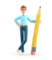 3D illustration of smiling creative man holding big pencil and generating ideas. Cartoon standing businessman, isolated on white background.