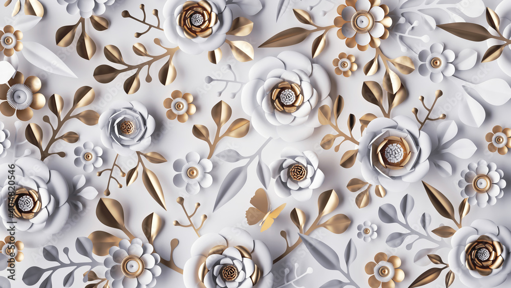 3d render, abstract background with white paper flowers and golden leaves, floral botanical wallpaper - obrazy, fototapety, plakaty 