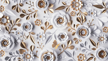3d render, abstract background with white paper flowers and golden leaves, floral botanical wallpape