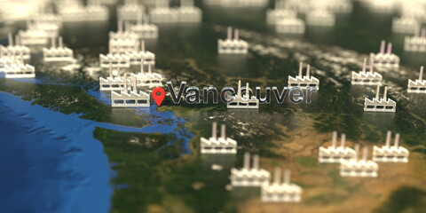 Wall Mural - Vancouver city and factory icons on the map, industrial production related 3D rendering