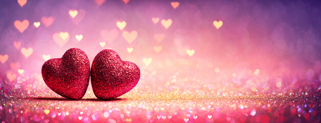 Wall Mural - Abstract Defocused Valentines Card With Red Hearts On Shiny Glitter