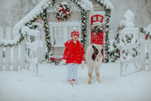 Young Cute Boy In Red Winter Hat And Coat Posing With Black And White Small Bull At The Winter Ranch With Christmas Decor. Snowing.