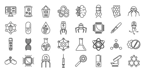 Poster - nanotechnology science icons set. outline set of nanotechnology science vector icons for web design 