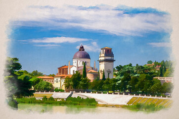 Wall Mural - Watercolor drawing of San Giorgio in Braida Roman Catholic church building with brick bell tower Campanile and dome, Adige river bank, Verona city