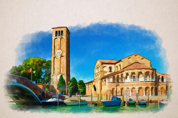 Wall Mural - Watercolor drawing of Church of Santa Maria e San Donato and bell tower brick building, bridge across water canal with motor boats in Murano islands