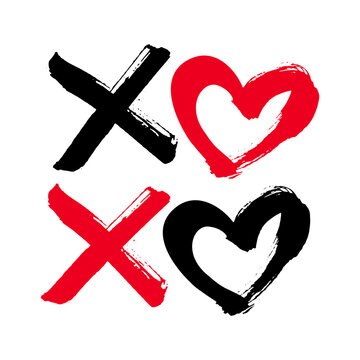 Wall Mural - XoXo hand drawn phrase isolate on white background. Kisses sign, icon, logo with red and black heart and cross. Grunge brush lettering X O kiss symbol.  Valentine’s day greeting card, poster, banner.