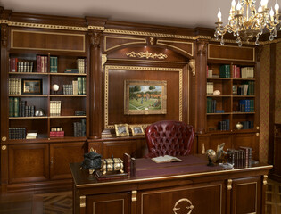 Single-shot photo of a study room with boiserie wall, bookshelf and desk