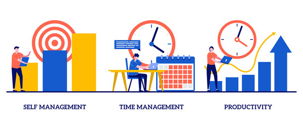 Poster - Self and time management, productivity concept with tiny people. Employee performance and self-organization abstract vector illustration set. Motivation software, effective job planning metaphor