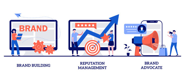 Poster - Brand building, reputation management, brand advocate concept with tiny people. Trademark public relations abstract vector illustration set. Marketing strategy, social media, corporate ID metaphor